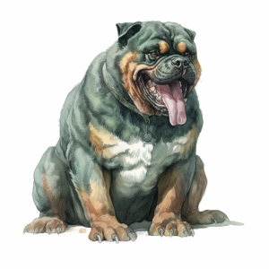 Illustration of a portly, green-and-tan colored fantasy dog.