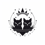 Illustration of a logo with two black cats in silhouette with a crown above and stars below, generated by MidJourney