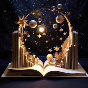 Fantasy illustration of an open book as the basis for a fantasy city with stars above, generated by MidJourney