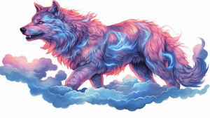 Illustration of a fantasy wolf in the clouds, generated by MidJourney