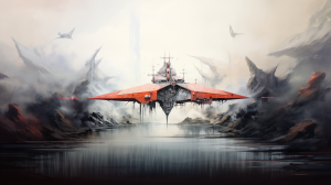 Illustration of an orange spaceship on an ominous gray landscape, generated by MidJourney