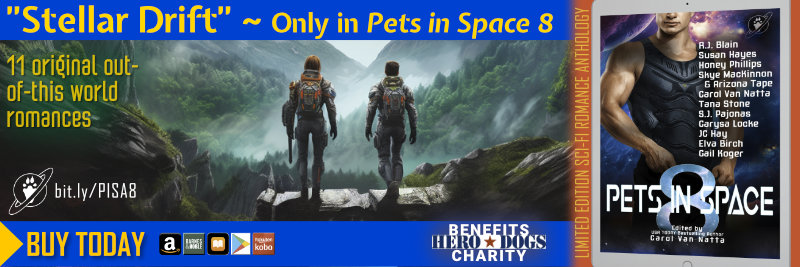 Stellar Drift, only in Pets in Space 8. Image of two hikers wearing high tech gear in a mountain setting. 