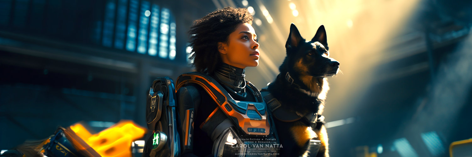 Illustration of a woman wearing futuristic armor and a service dog seated next to her, generated by MidJourney.