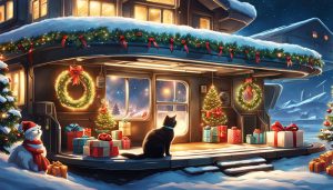 Illustration of the outside of a store at Christmas time, with a cat sitting on the porch, generated by NightCafé