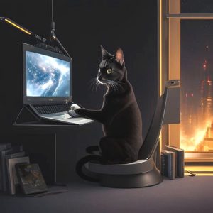 Black cat sitting at a desk, typing on a computer keyboard, generated by NightCafé