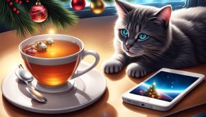 Illustration of a table with a cup of tea, a smart phone, and a cat, generated by NightCafé