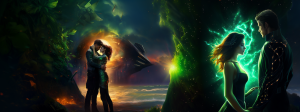 Illustration of two couples in a science fiction setting, generated by MidJourney