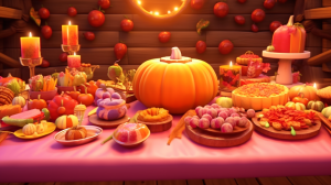 Illustration of an autumn feast table full of food, generated by MidJourney