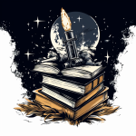 Ink and watercolor illustration of a rocketship launching from a stack of books, generated by MidJourney