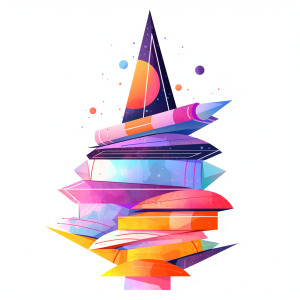 Colorful, abstract illustration of what might be books and rockets, generated by MidJourney