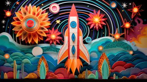 Illustration of a whimsical paper cut craft scene with a rocketship launching from a desert, generated by MidJourney