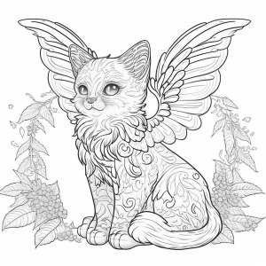 Black and white coloring page with an illustration of a winged cat, generated by MidJourney