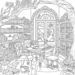 Black and white illustration of a library full of books with a tree in the room, generated by MidJourney