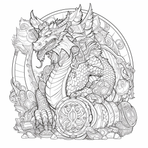 Detailed black and white illustration of a dragon guarding treasure, generated by MidJourney