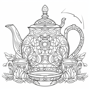 Coloring-page style black and white illustration of a teapot and tea cups, generated by MidJourney