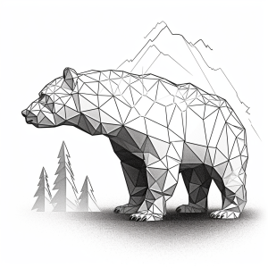 A styllized black-and-white illustration of a bear, generated by MidJourney