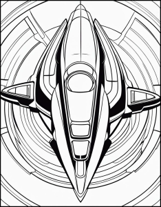 Black and white line art of a stylized futuristic spaceship for a coloring page, generated by NightCafe
