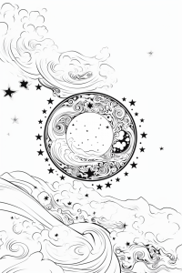 Black-and-white line art illustration of a magic circle in the sky with stars, generated by MidJourney