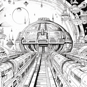 Detailed black and white illustration of a spaceship interior, generated by MidJourney