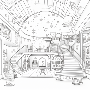 Black and white illustration of a futuristic shop, in the style of coloring pages, generated by MidJourney