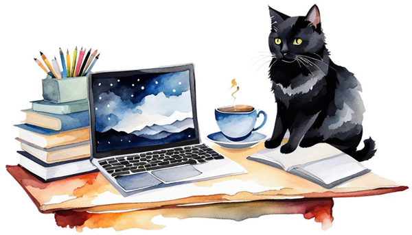 Watercolor illustration of a desk with books, a computer, a teacup, and a black cat, generated by NightCafé