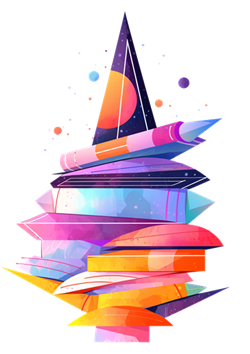 Abstract illustration of stacked books and rocketships, generated by Midjourney