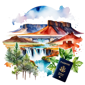 watercolor illustration of a collage of travel-related elements, generated by NightCafé