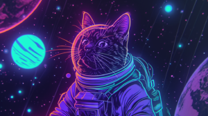 Illustration of a cat wearing a spacesuit in outer space, generated by MidJourney