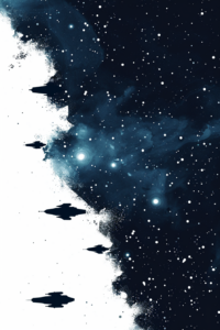 Abstract illustration showing white on one half and blue stars on the other, with starships leaving the blue stars, generated by MidJourney