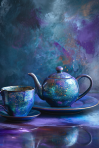 Photo-style illustration of a blue, purple, and green teapot and cup, generated by MidJourney