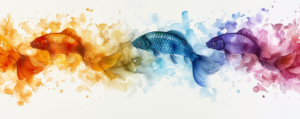 Abstract watercolor painting of fish in an overall rainbow color scheme, generated by MidJourney