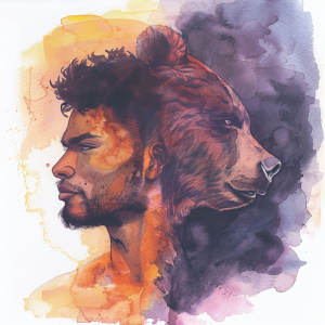 abstract watercolor illustration of a man and a bear, generated by MidJourney