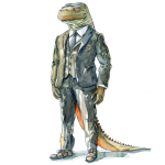 Watercolor illustration of a lizard wearing a western man's business suit, generated by Midjourney