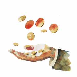 Watercolor illustration of coins falling into an open human hand, generated by MidJourney
