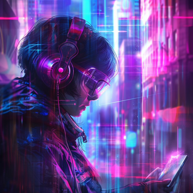 Stylized illustration of a girl wearing headphones and holding a phone in a futuristic setting, generated by MidJourney