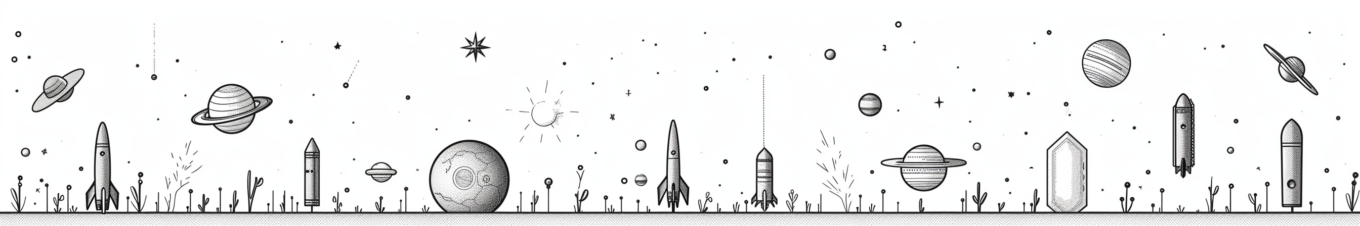 Line art illustration of rocketships and planet, generated by MidJourney