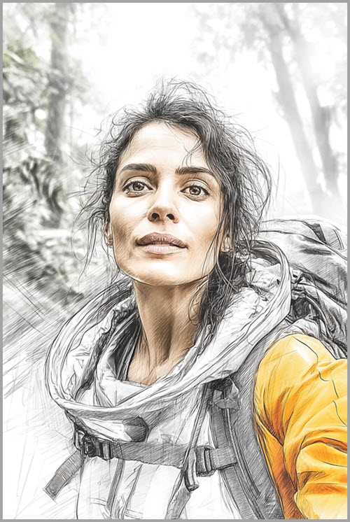 Sketch of Sairy Sarvand, the heroine of Stellar Drift by Carol Van Natta. Image (c) 2025 Carol Van Natta.
