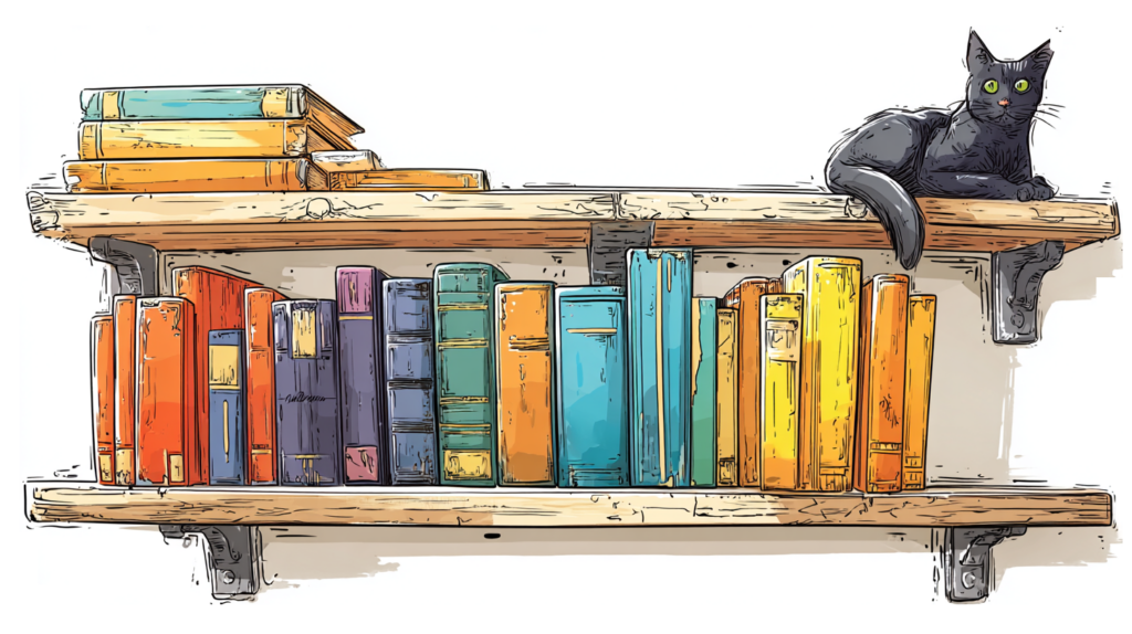 Cartoon illustration of shelves filled with books, and a cat on top. Image (c) 2026 Carol Van Natta.