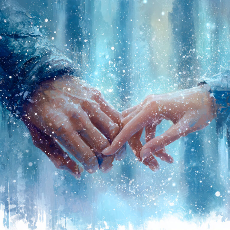 Watercolor illustration of a man's and a woman's touching, with a soft background of snowy weather. Image (c)2026 Carol Van Natta.