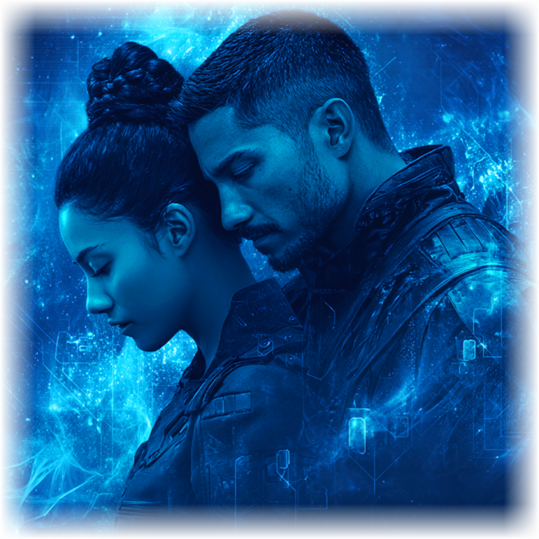 Illustration of a woman and a man close to each other, in an abstract sci-fi setting. Image (c) 2026 Carol Van Natta