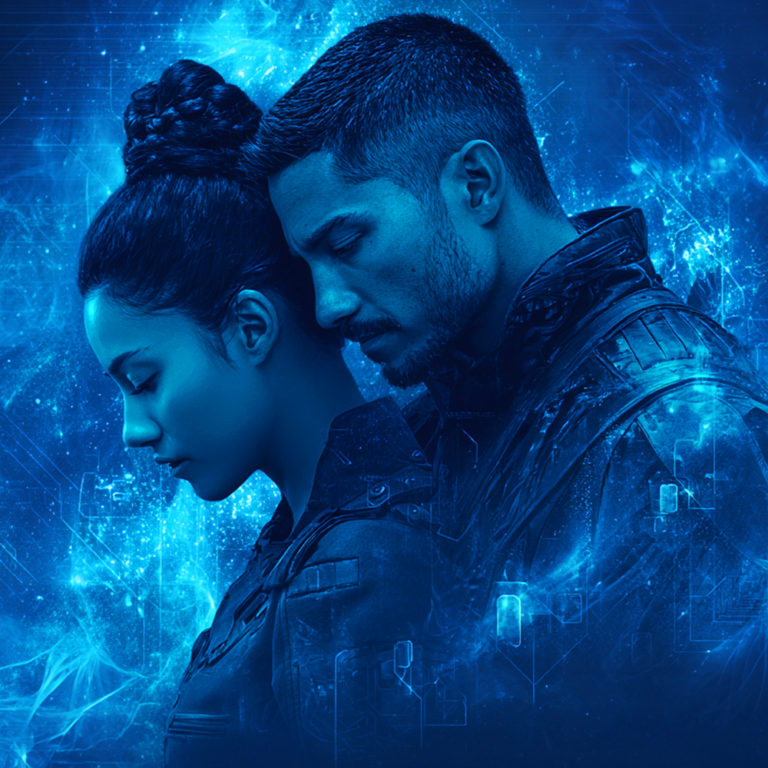Illustration of a woman and a man very close to each other, in an abstract sci-fi setting. Image (c) 2026 Carol Van Natta