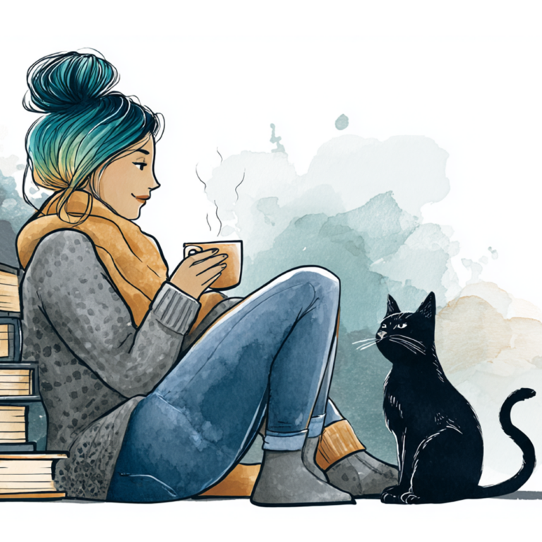 illustration of a seated woman holding a cup and looking at her cat. Image (c) 2026 Carol Van Natta