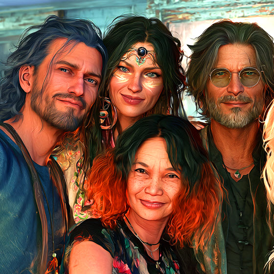 Illustration of a smiling group os friends in a modern fantasy setting. Image (c) 2026 Carol Van Natta.