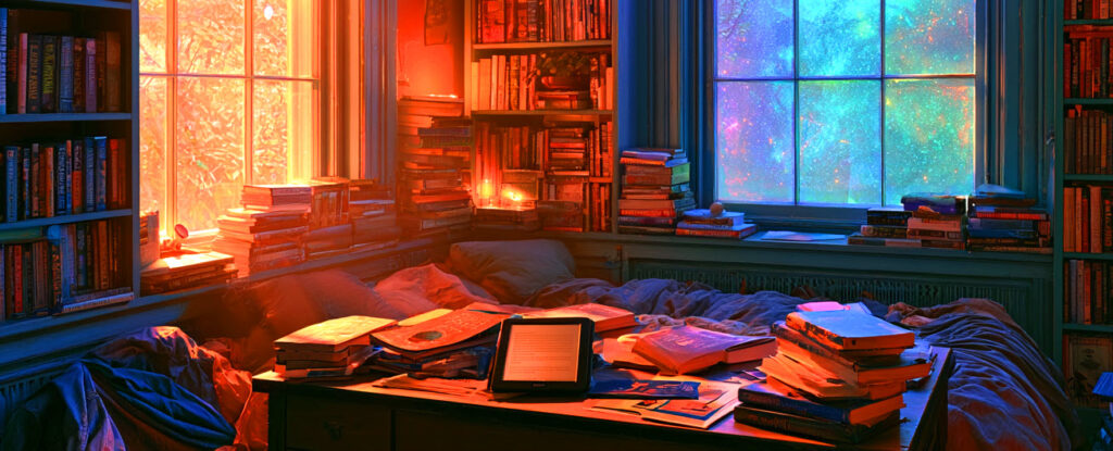 Illustration of a brightly lit bedroom full of books. Image (c) 2026 Carol Van Natta.