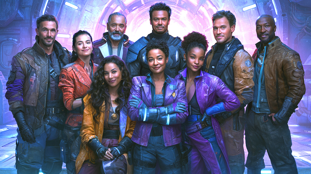 Illustration of a group photo of a sci-fi space opera starship crew. Image (c) 2026 Carol Van Natta.