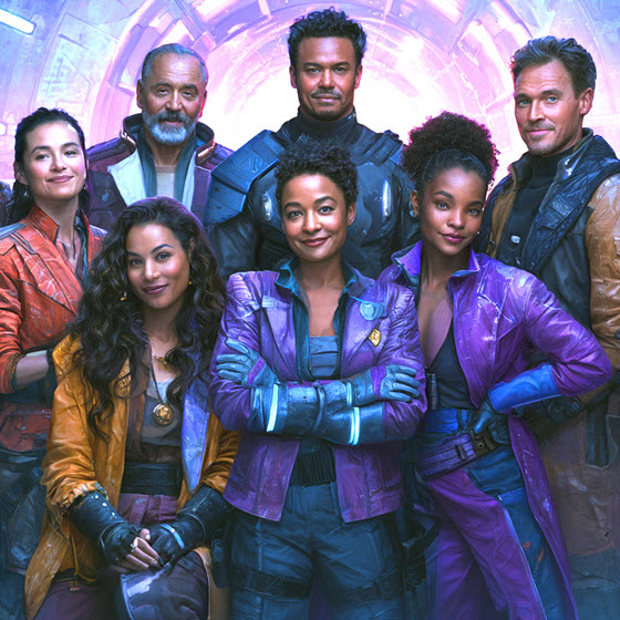 Illustration of a smiling crew of a futuristic starship. Image (c) 2026 Carol Van Natta.