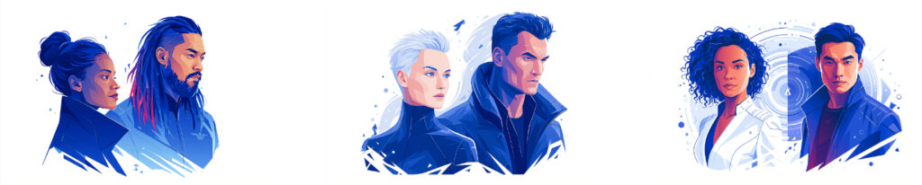 Illustrations of three human couples (female-male), from books 1, 2, and 3 in Carol Van Natta's Central Galactic Concordance series. Image (c) 2026 Carol Van Natta.