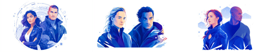 Illustrations of three human couples (female-male), from books 4, 5, and 6 in Carol Van Natta's Central Galactic Concordance series. Image (c) 2026 Carol Van Natta.