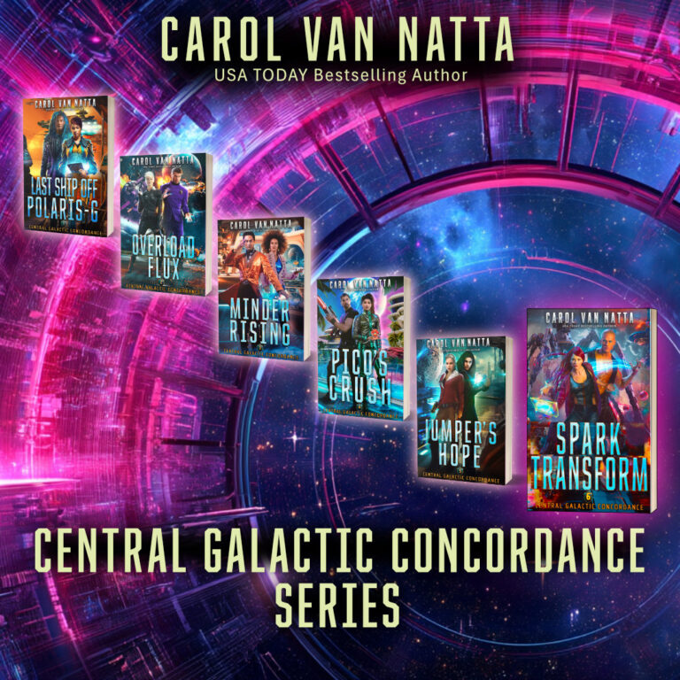 Carol Van Natta's Central Galactic Concordance Series. Illustrations of 6 books in an abstract futuristic setting. Image (c) 2026 Carol Van Natta.