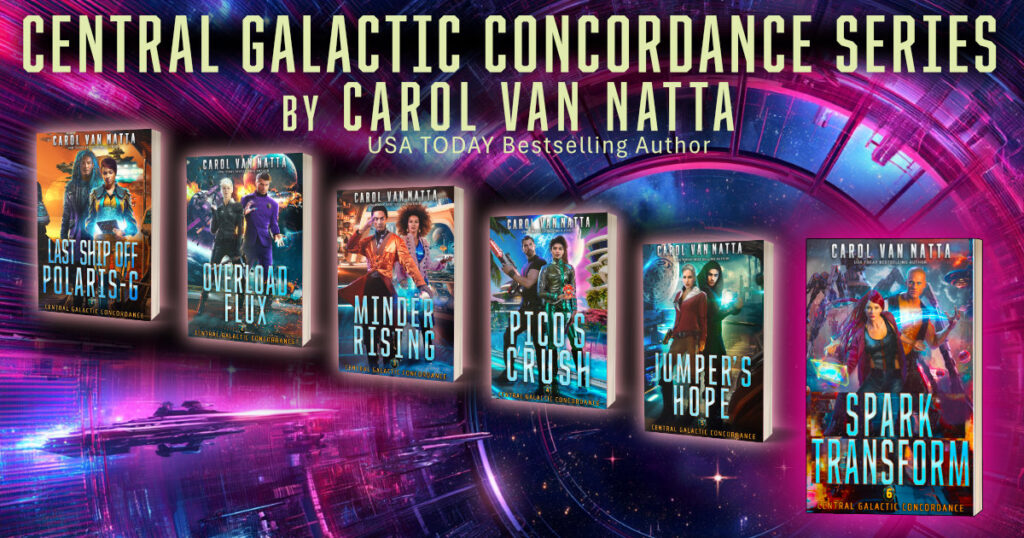 Central Galactic Concordance Series by Carol Van Natta, USA TODAY Bestselling Author. Illustration of 6 books in a futuristic sci-fi setting. Image (c) 2026 Carol Van Natta.